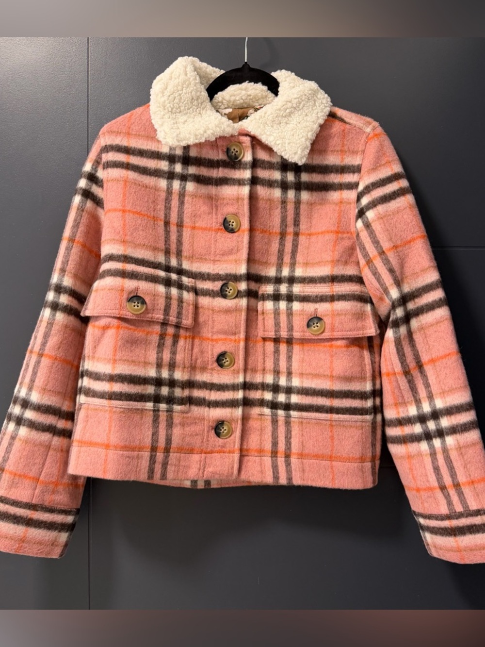 NWT Sundance Edith Pink Plaid Jacket with Cream Sherpa Collar and Floral Lining